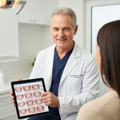 Dentist showing different smile design options to a patient on a tablet