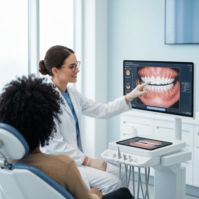 Patient consulting with a dentist, pointing to teeth on a screen