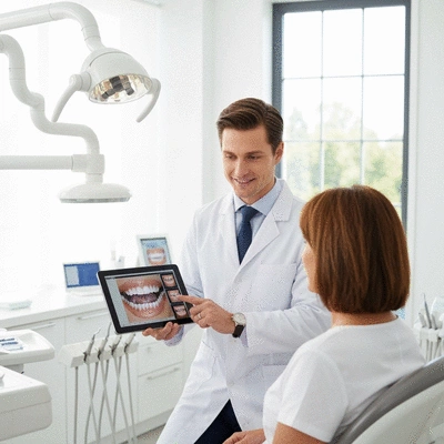 Dentist showing digital smile design process to patient on a tablet