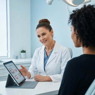 Dentist consulting with a patient, explaining dental implant options on a tablet in a modern clinic setting