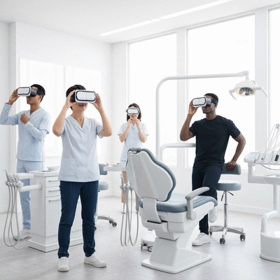 People using virtual reality headsets for dental consultations, symbolizing future trends in cosmetic dentistry.