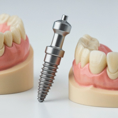 Close up of dental models showing different tooth replacement options (implants, bridges, dentures)