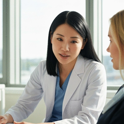 Dentist consulting with a patient, discussing smile design options, in a modern, clean dental office