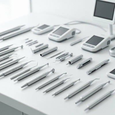Modern dental tools and technology on a clean, sterile surface, symbolizing advanced cosmetic dentistry techniques.