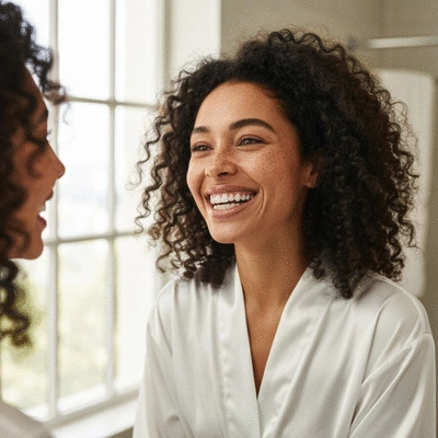 Smiling woman looking into a mirror, admiring her perfect teeth, bright and clean environment