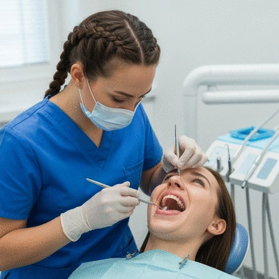 Professional dental hygienist performing a teeth cleaning on a patient, close up on teeth