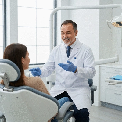 Dentist explaining checkup frequency to a patient in a modern dental office
