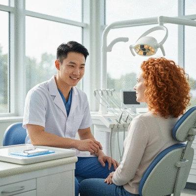 Dentist consulting with a patient in a modern dental office, showing care and communication