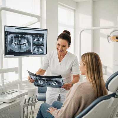 Dentist and patient reviewing X-rays on a screen in a modern dental clinic