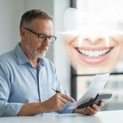 Person looking thoughtfully at dental bill with calculator and healthy smile graphic in background, no text, no words, no typography, 8K